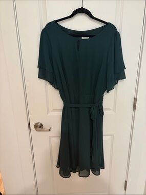 Dark Teal Flutter Sleeve Midi Dress with Self-Tie Belt
